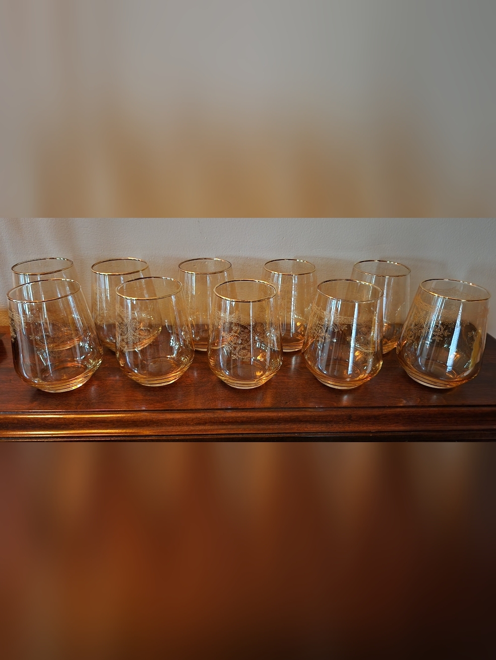Etched Glass Gold Trim Stemless Wine Glasses
